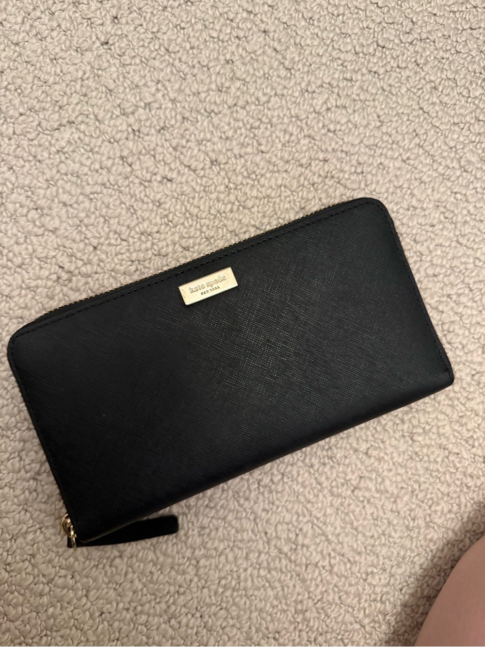 kate spade Black Zip-Around Saffiano Wallet with Gold Plate